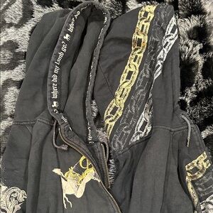 2 LAMB Hoodies Black Graphic Zip-Up Angel/Scroll Design & Chains